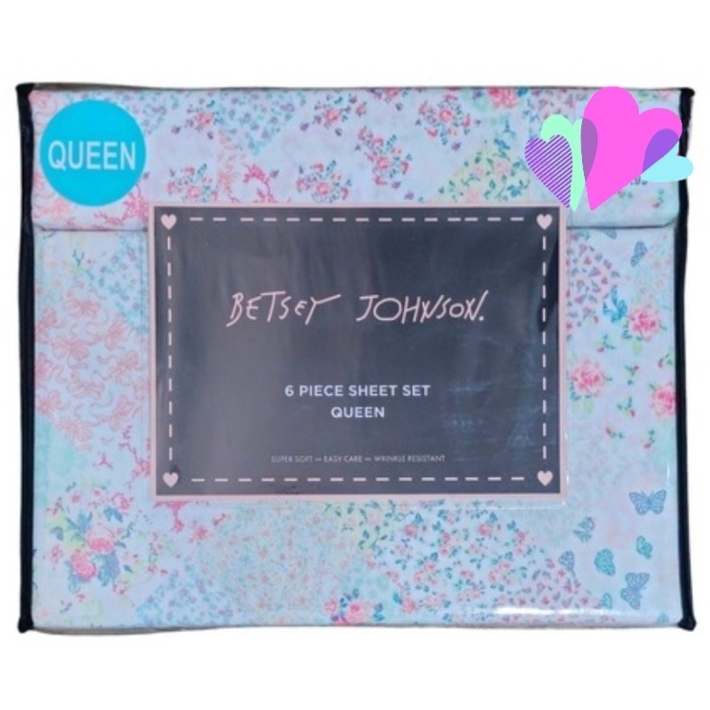 Betsey Johnson Queen Sheet Set 6 Piece Mermaid Patchwork Blue Floral Butterflies